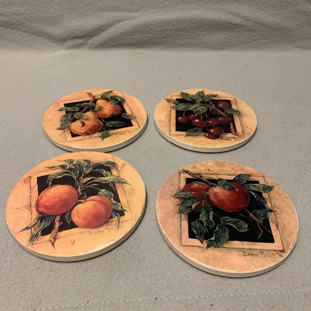 Set of 4 Fruit pattern ceramic cork bottom round coaster